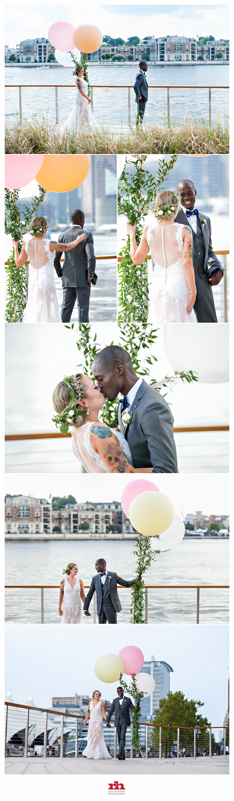 A bride and groom have their first look before the wedding ceremony in Fells Point in Baltimore, MD.